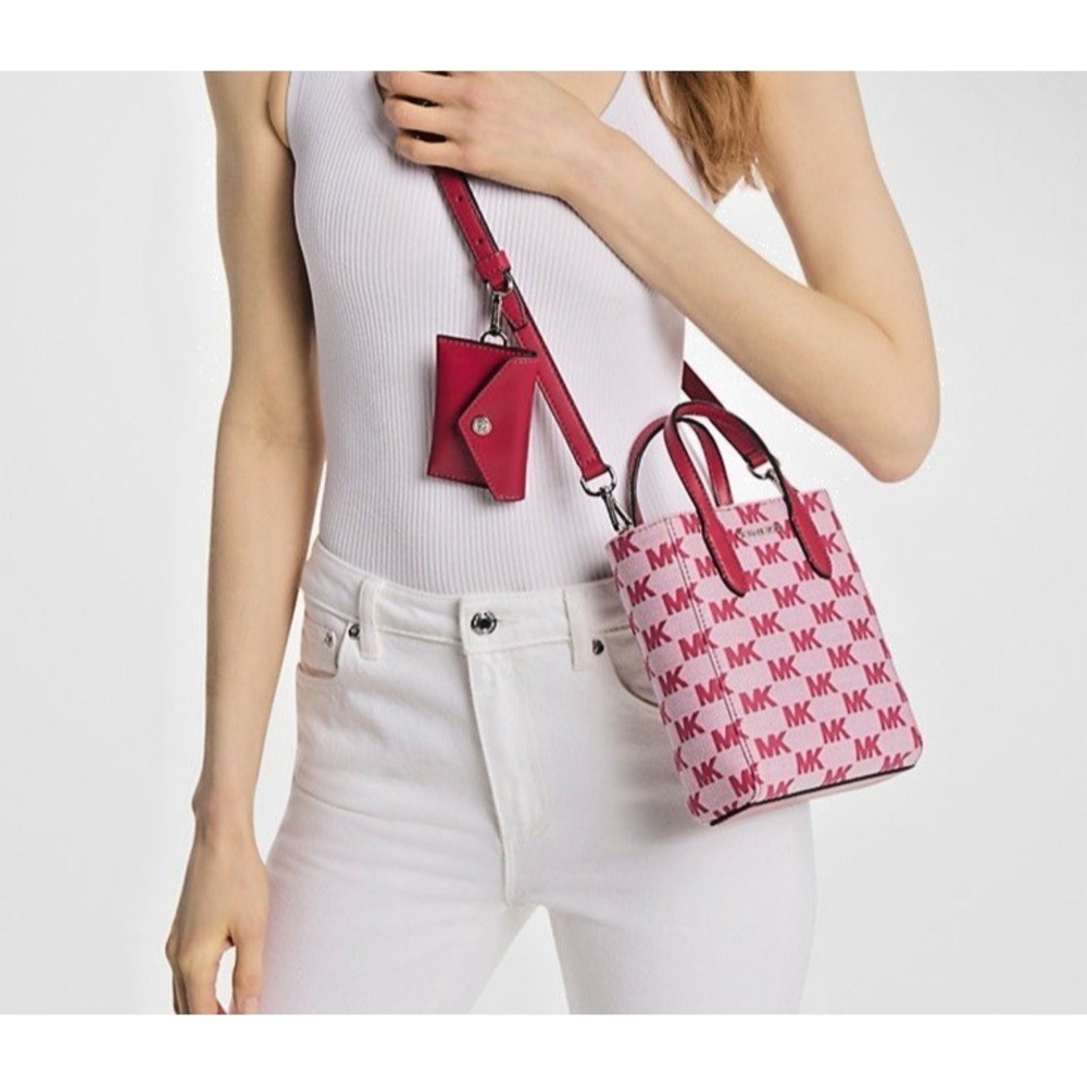 Michael Kors Vincent Extra Small Logo Jacquard Tote Bag Card Case Raspberry NWT - Picture 3 of 14